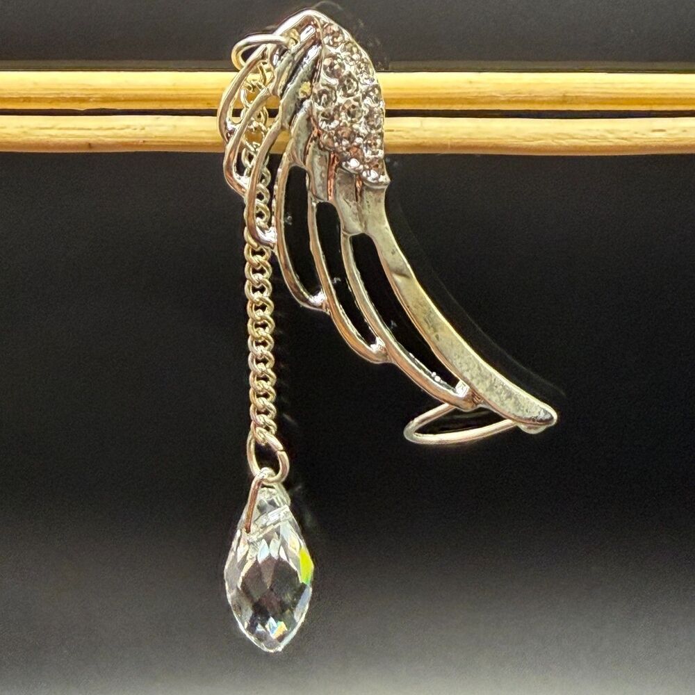 Generic Angel Wing Women Silver Alloy Rhinestone Tassel Drop Earring